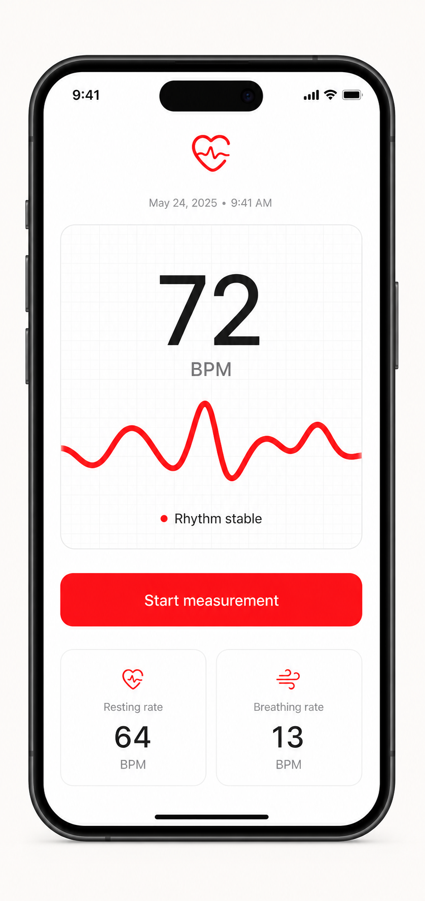 Cardiom heart-rate screen on an iPhone